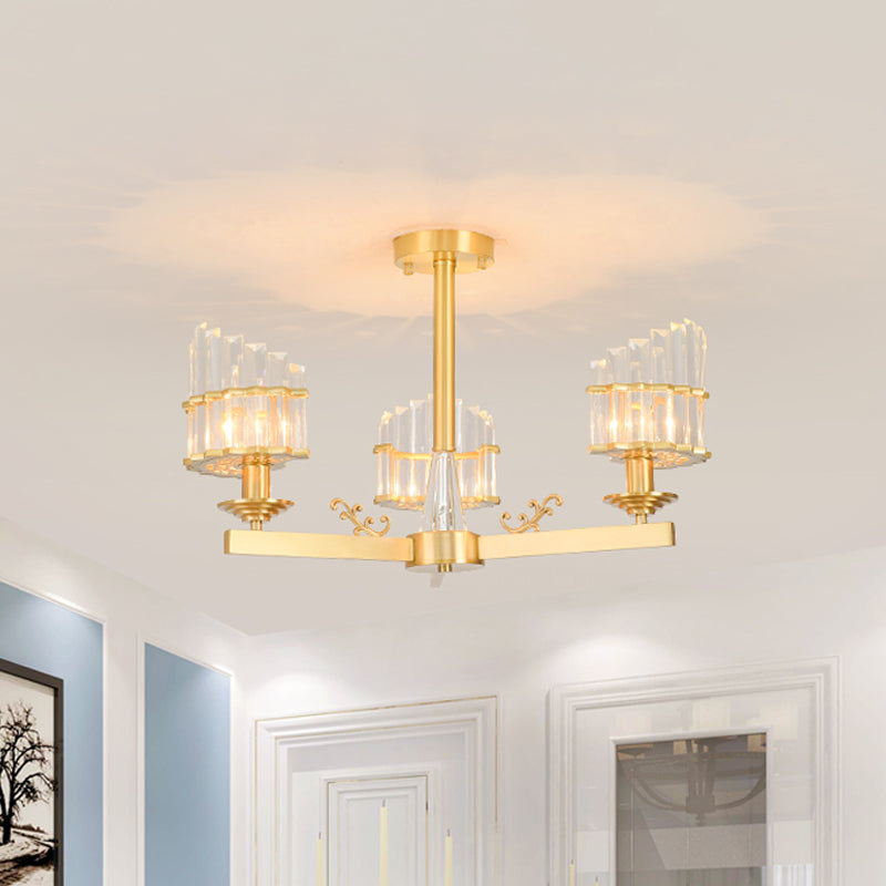 Curved Shape Dining Room Flush Chandelier Postmodern Crystal 3/6-Head Gold Semi Flush Ceiling Light 3 Gold Clearhalo 'Ceiling Lights' 'Close To Ceiling Lights' 'Close to ceiling' 'Semi-flushmount' Lighting' 1451381