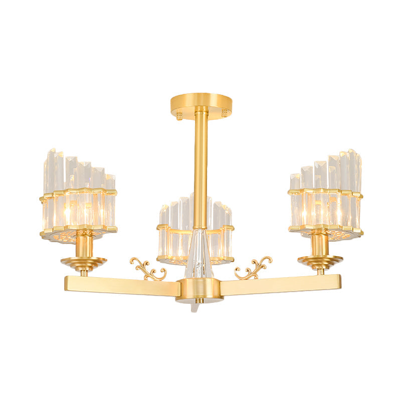 Curved Shape Dining Room Flush Chandelier Postmodern Crystal 3/6-Head Gold Semi Flush Ceiling Light Clearhalo 'Ceiling Lights' 'Close To Ceiling Lights' 'Close to ceiling' 'Semi-flushmount' Lighting' 1451382