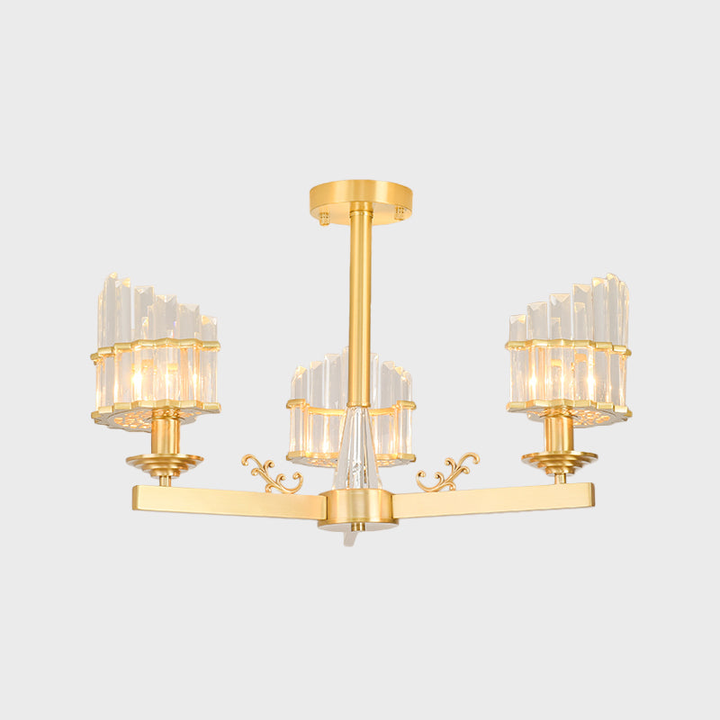 Curved Shape Dining Room Flush Chandelier Postmodern Crystal 3/6-Head Gold Semi Flush Ceiling Light Clearhalo 'Ceiling Lights' 'Close To Ceiling Lights' 'Close to ceiling' 'Semi-flushmount' Lighting' 1451383