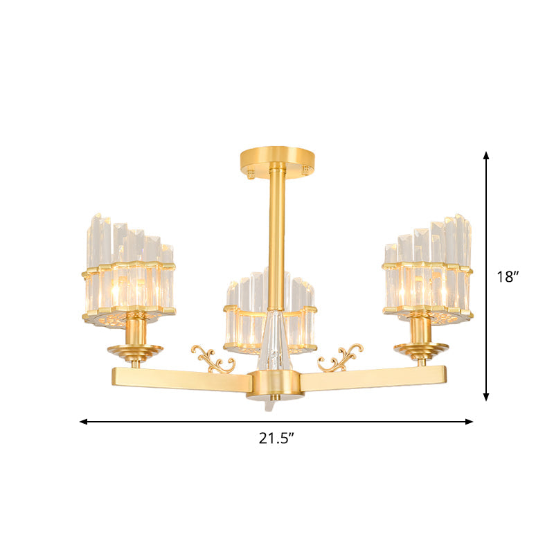 Curved Shape Dining Room Flush Chandelier Postmodern Crystal 3/6-Head Gold Semi Flush Ceiling Light Clearhalo 'Ceiling Lights' 'Close To Ceiling Lights' 'Close to ceiling' 'Semi-flushmount' Lighting' 1451384