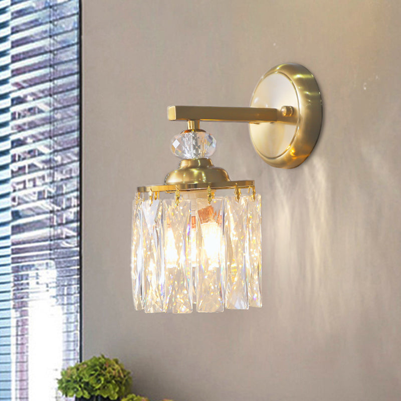 Cylinder Dining Room Wall Light Kit Post-Modern Clear Beveled Cut Crystal 1 Head Gold Sconce Clear Clearhalo 'Wall Lamps & Sconces' 'Wall Lights' Lighting' 1451596