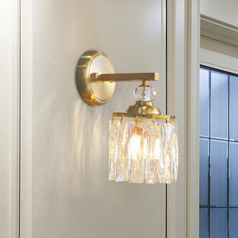 Cylinder Dining Room Wall Light Kit Post-Modern Clear Beveled Cut Crystal 1 Head Gold Sconce Clearhalo 'Wall Lamps & Sconces' 'Wall Lights' Lighting' 1451597