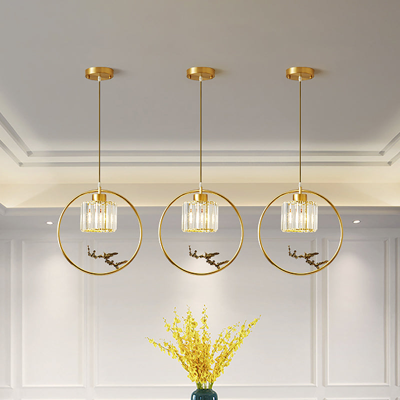 1-Light Crystal Cylinder Down Lighting Modern Gold Circle Dining Room Suspension Pendant with Decorative Bird/Dragonfly Gold Bird Clearhalo 'Ceiling Lights' 'Modern Pendants' 'Modern' 'Pendant Lights' 'Pendants' Lighting' 1451621