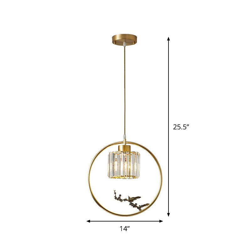 1-Light Crystal Cylinder Down Lighting Modern Gold Circle Dining Room Suspension Pendant with Decorative Bird/Dragonfly Clearhalo 'Ceiling Lights' 'Modern Pendants' 'Modern' 'Pendant Lights' 'Pendants' Lighting' 1451624