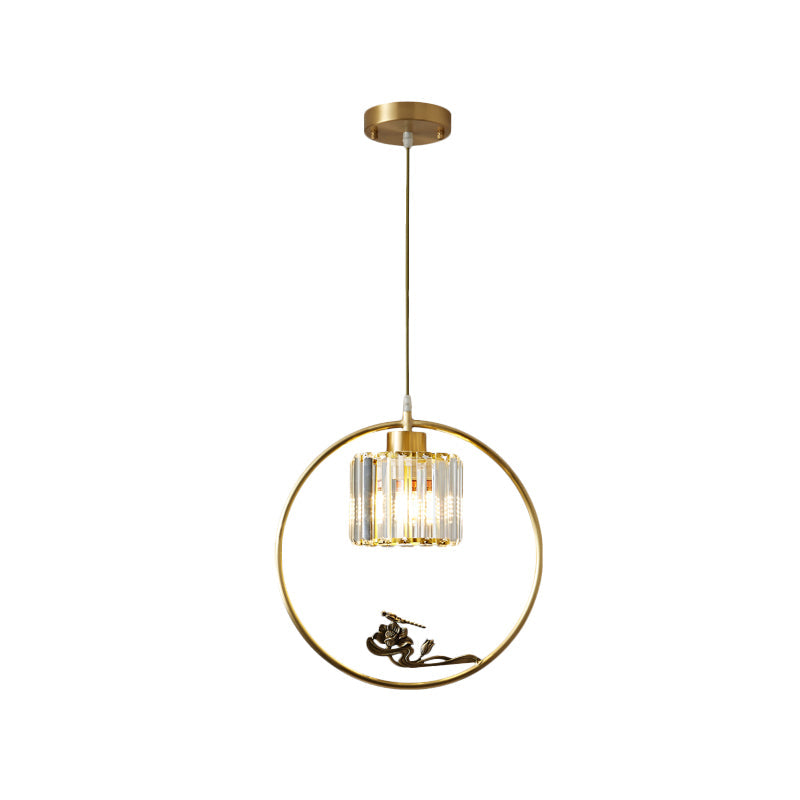 1-Light Crystal Cylinder Down Lighting Modern Gold Circle Dining Room Suspension Pendant with Decorative Bird/Dragonfly Clearhalo 'Ceiling Lights' 'Modern Pendants' 'Modern' 'Pendant Lights' 'Pendants' Lighting' 1451628