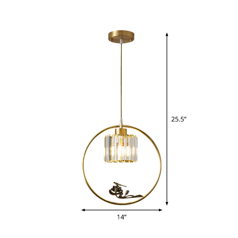 1-Light Crystal Cylinder Down Lighting Modern Gold Circle Dining Room Suspension Pendant with Decorative Bird/Dragonfly Clearhalo 'Ceiling Lights' 'Modern Pendants' 'Modern' 'Pendant Lights' 'Pendants' Lighting' 1451629