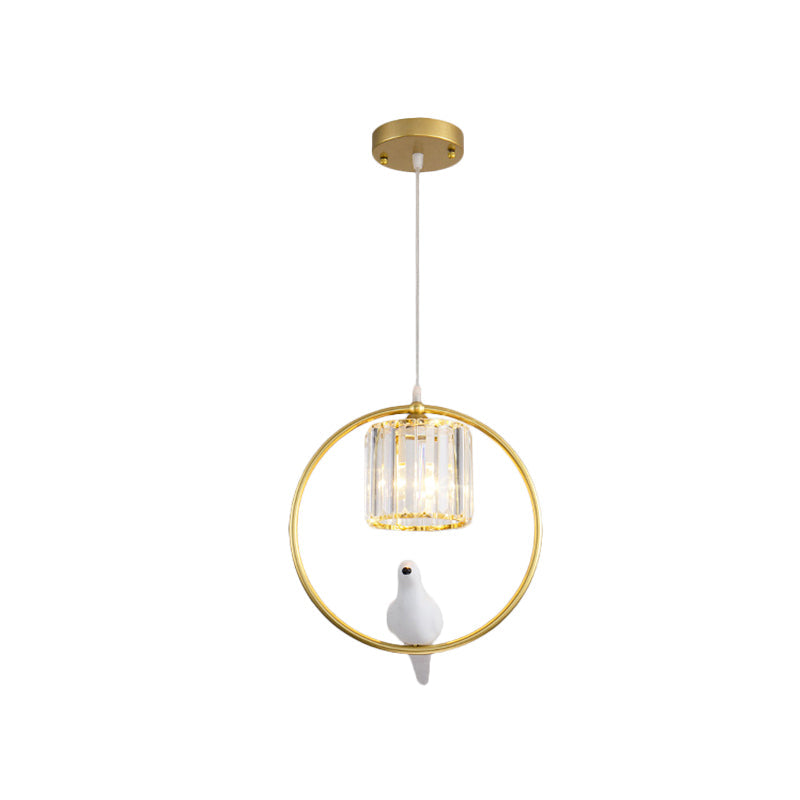 Black/Gold Hoop Pendulum Light Modern Iron 1 Head Living Room Drop Pendant with Bird and Cylinder Crystal Shade Clearhalo 'Ceiling Lights' 'Modern Pendants' 'Modern' 'Pendant Lights' 'Pendants' Lighting' 1451648