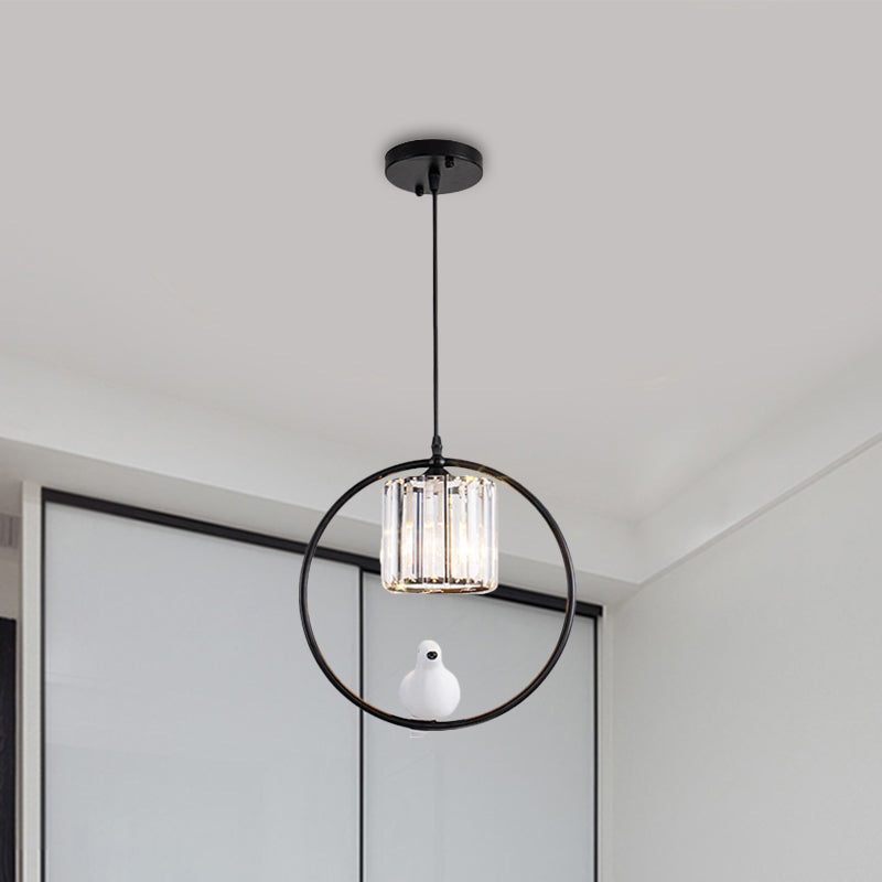 Black/Gold Hoop Pendulum Light Modern Iron 1 Head Living Room Drop Pendant with Bird and Cylinder Crystal Shade Clearhalo 'Ceiling Lights' 'Modern Pendants' 'Modern' 'Pendant Lights' 'Pendants' Lighting' 1451652