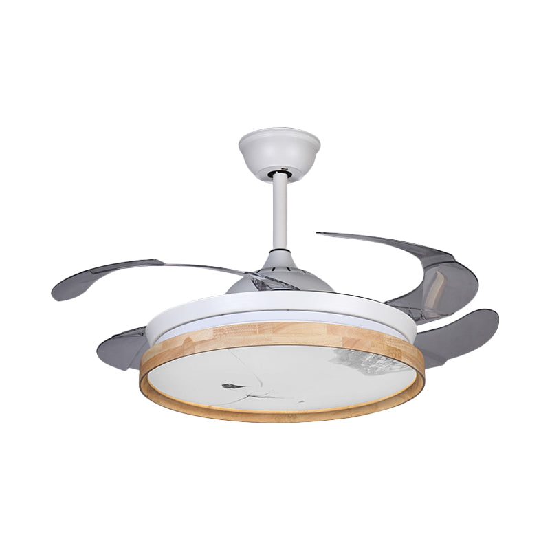 Circle Ceiling Fan Light Minimalism Acrylic White 4-Blade LED Semi Flush Mount with Wooden Detail, 42