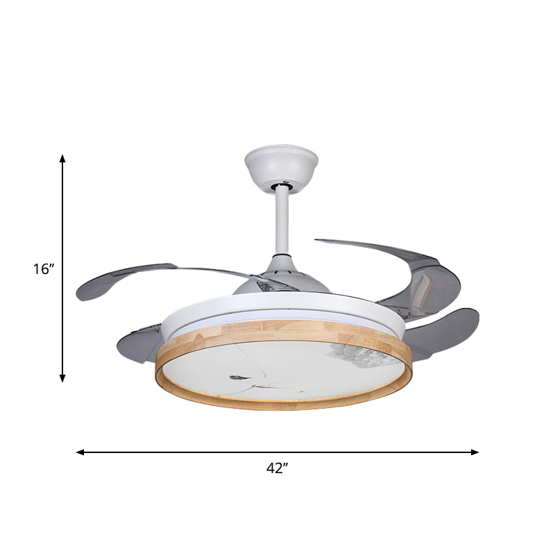 Circle Ceiling Fan Light Minimalism Acrylic White 4-Blade LED Semi Flush Mount with Wooden Detail, 42