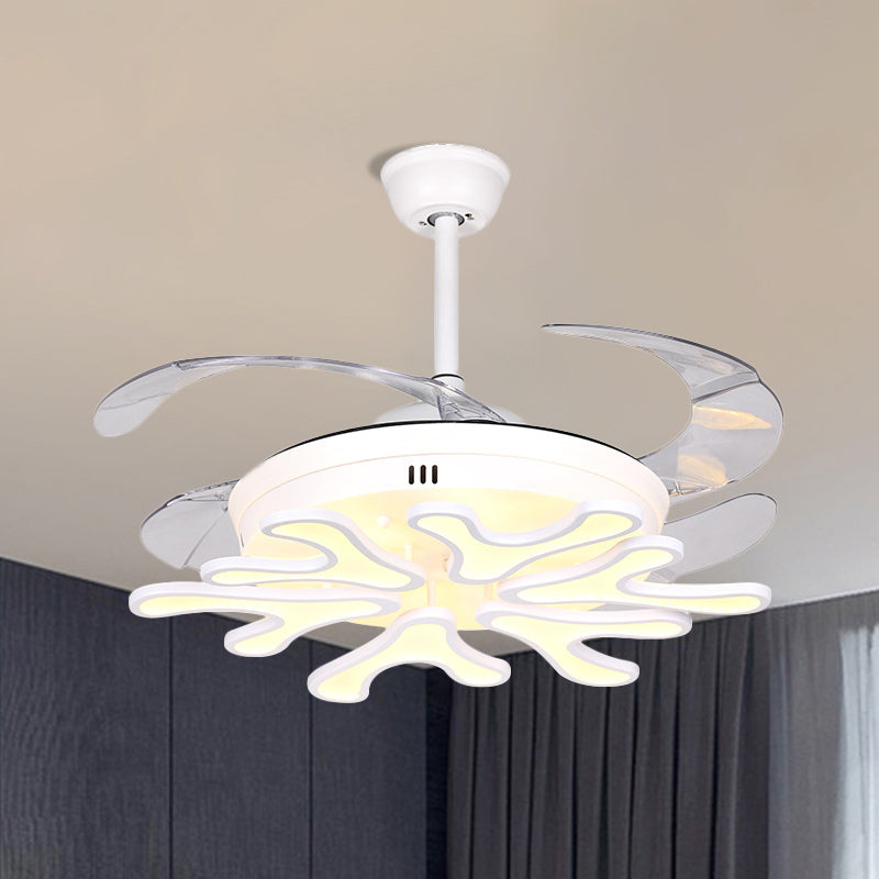 Contemporary Bloom Pendant Fan Lamp Iron Living Room LED Semi Flush Ceiling Light with 4 Clear Blades in White, 42