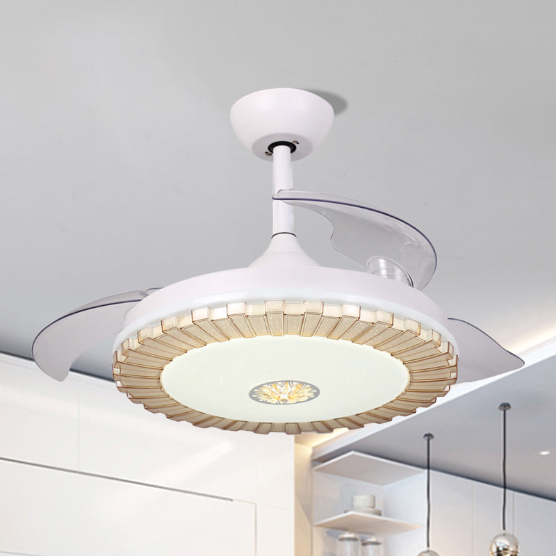 White Round Hanging Fan Light Nordic Style LED Acrylic Semi Flush Chandelier with 3 Clear Blades, 42