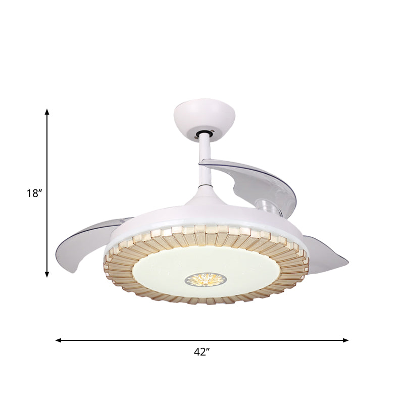 White Round Hanging Fan Light Nordic Style LED Acrylic Semi Flush Chandelier with 3 Clear Blades, 42