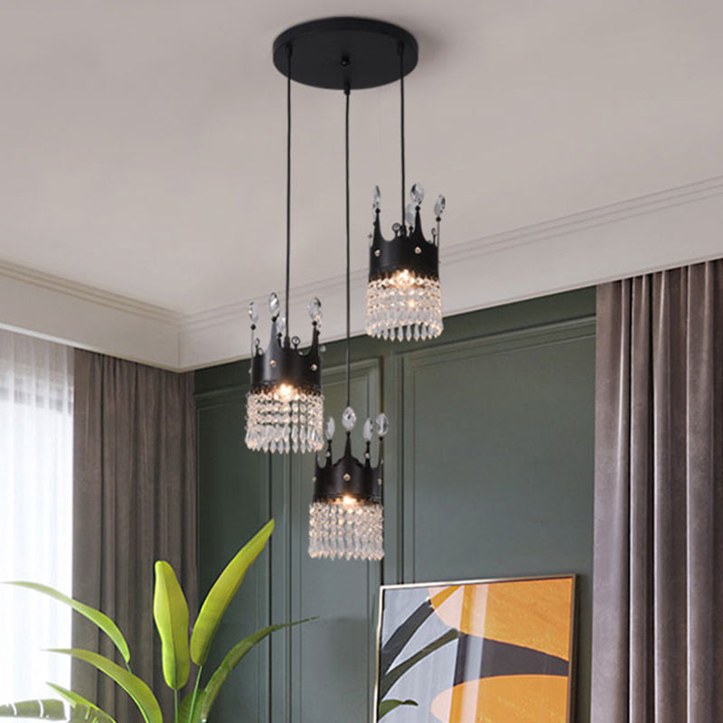 Black Linear/Round Canopy Crown Suspension Light Contemporary Metal 3 Heads Dinning Room Multi Pendant with Crystal Draping Black Round Clearhalo 'Ceiling Lights' 'Modern Pendants' 'Modern' 'Pendant Lights' 'Pendants' Lighting' 1451773