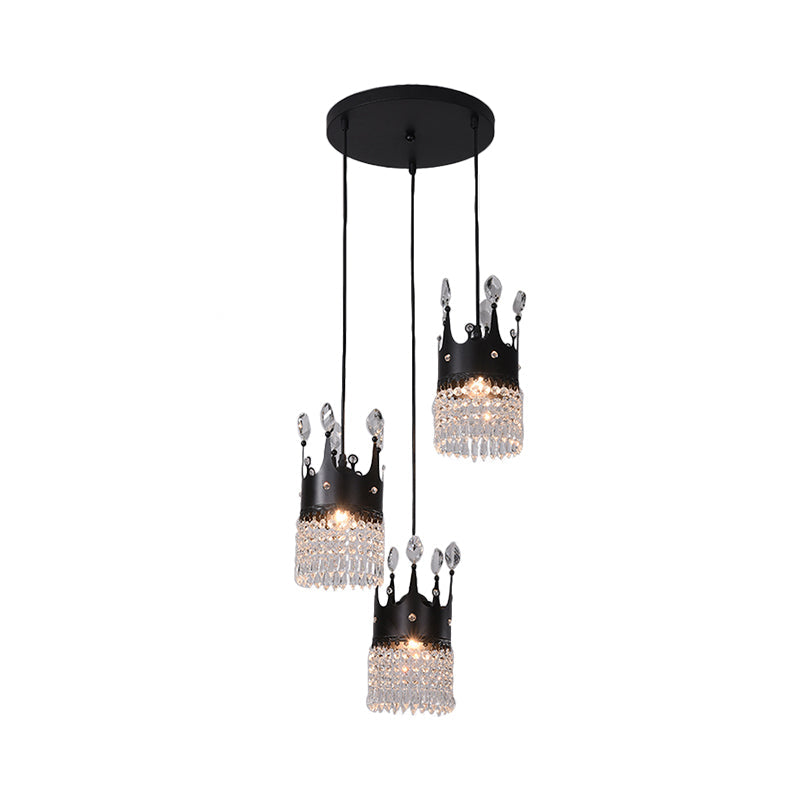 Black Linear/Round Canopy Crown Suspension Light Contemporary Metal 3 Heads Dinning Room Multi Pendant with Crystal Draping Clearhalo 'Ceiling Lights' 'Modern Pendants' 'Modern' 'Pendant Lights' 'Pendants' Lighting' 1451775