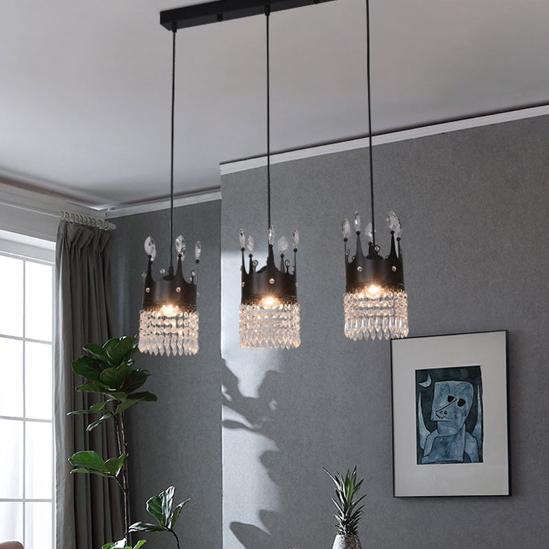 Black Linear/Round Canopy Crown Suspension Light Contemporary Metal 3 Heads Dinning Room Multi Pendant with Crystal Draping Clearhalo 'Ceiling Lights' 'Modern Pendants' 'Modern' 'Pendant Lights' 'Pendants' Lighting' 1451778