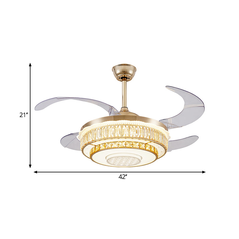 4 Blades LED Ceiling Fan Lamp Contemporary Circular Clear Crystal Blocks Semi Flush Light in Gold, 42