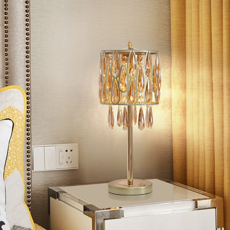 Metal Black/Gold/Champagne Nightstand Lamp Drum Shade 1 Head Contemporary Table Light with Crystal Raindrops Encrusted Clearhalo 'Lamps' 'Table Lamps' Lighting' 1451813