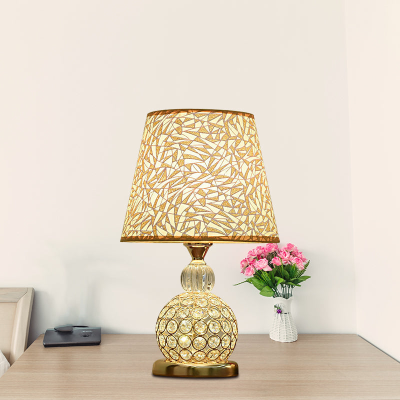Ball Bedroom Table Light Modern Crystal Embedded 1 Bulb Gold/Silver/Red Nightstand Lamp with Geometric/Peony/Heart-Patterned Shade Gold A Clearhalo 'Lamps' 'Table Lamps' Lighting' 1451828