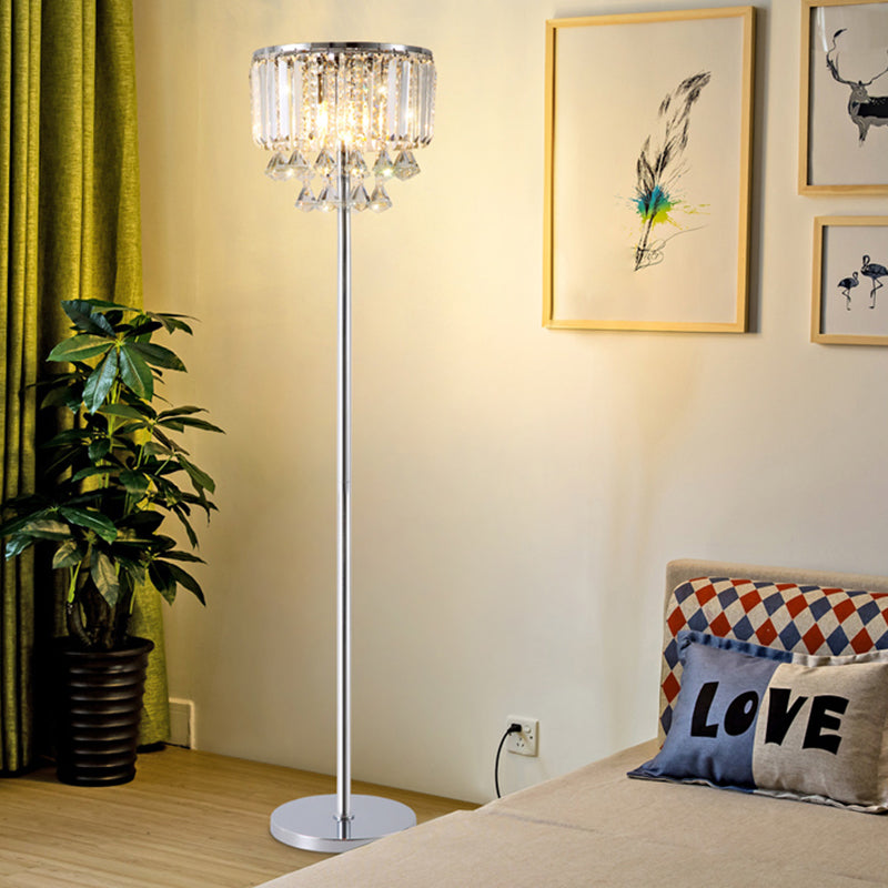 1 Head Circular Floor Reading Lamp Contemporary Chrome Crystal Draping Standing Light for Great Room Clearhalo 'Floor Lamps' 'Lamps' Lighting' 1451862