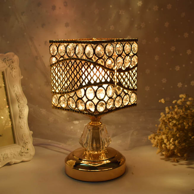 Cylinder/Round/Square Night Table Light Modernism Crystal Encrusted Single Bulb Gold Nightstand Lamp Gold Square Plate Clearhalo 'Lamps' 'Table Lamps' Lighting' 1451869