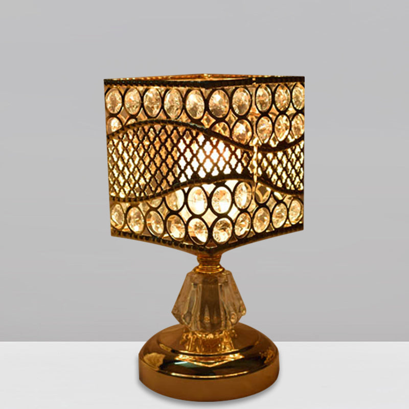 Cylinder/Round/Square Night Table Light Modernism Crystal Encrusted Single Bulb Gold Nightstand Lamp Clearhalo 'Lamps' 'Table Lamps' Lighting' 1451870