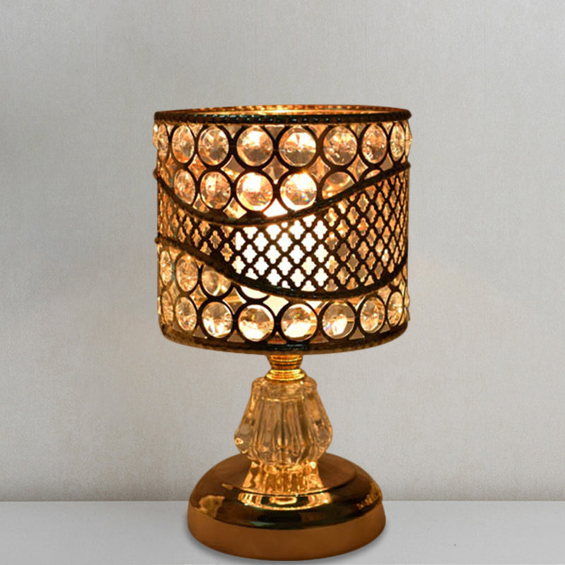 Cylinder/Round/Square Night Table Light Modernism Crystal Encrusted Single Bulb Gold Nightstand Lamp Gold Cylinder Clearhalo 'Lamps' 'Table Lamps' Lighting' 1451874