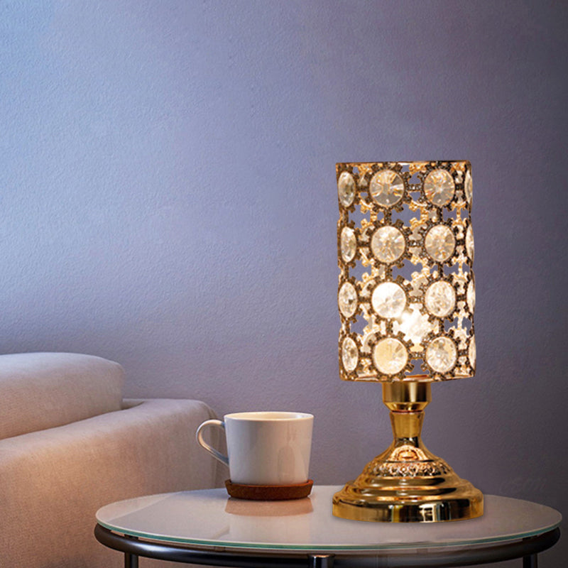Modernism 1 Bulb Table Light with Crystal-Encrusted Shade Gold Tapered/Cylinder Reading Lamp Gold C Clearhalo 'Lamps' 'Table Lamps' Lighting' 1451915