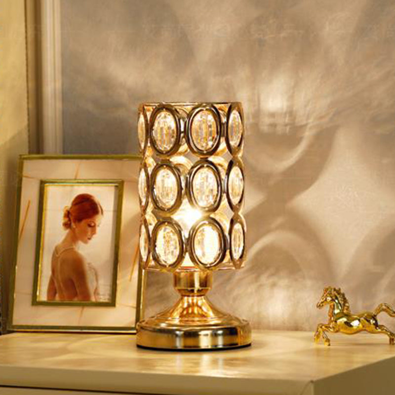 Modernism 1 Bulb Table Light with Crystal-Encrusted Shade Gold Tapered/Cylinder Reading Lamp Gold B Clearhalo 'Lamps' 'Table Lamps' Lighting' 1451924