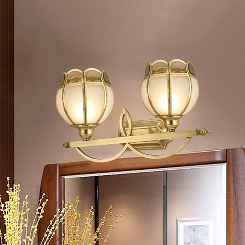 Milk Glass Gold Wall Vanity Light Flower 2 Lights Luxurious Wall Sconce Lighting Fixture for Bathroom Clearhalo 'Vanity Lights' 'Wall Lights' Lighting' 1454112