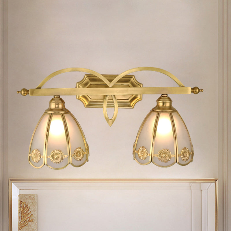 Milk Glass Gold Wall Vanity Light Flower 2 Lights Luxurious Wall Sconce Lighting Fixture for Bathroom Clearhalo 'Vanity Lights' 'Wall Lights' Lighting' 1454115