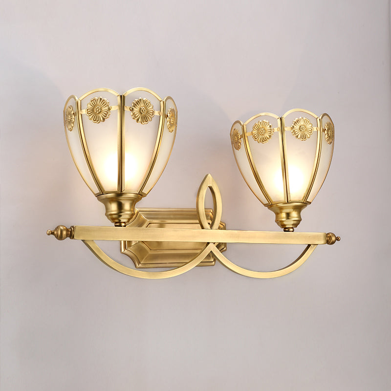 Milk Glass Gold Wall Vanity Light Flower 2 Lights Luxurious Wall Sconce Lighting Fixture for Bathroom Clearhalo 'Vanity Lights' 'Wall Lights' Lighting' 1454117