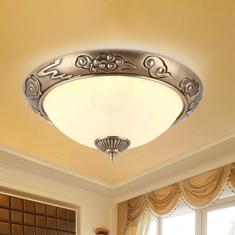 LED Flush Mount Light Fixture Colonialism Dome Shade Opal Glass Ceiling Lighting in Brass for Bedroom, 12