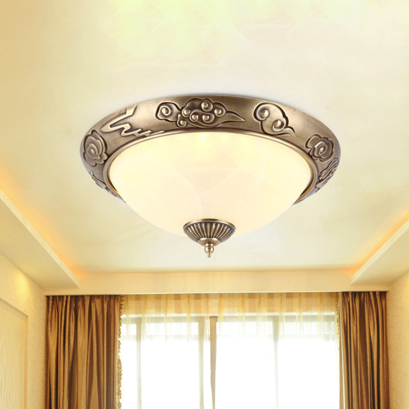 LED Flush Mount Light Fixture Colonialism Dome Shade Opal Glass Ceiling Lighting in Brass for Bedroom, 12