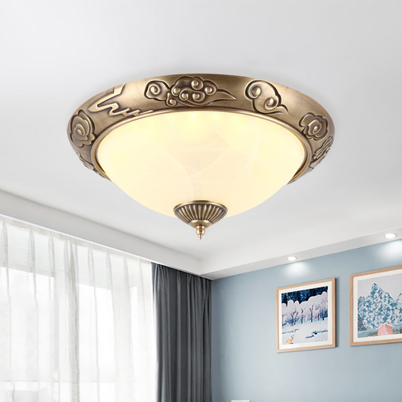 LED Flush Mount Light Fixture Colonialism Dome Shade Opal Glass Ceiling Lighting in Brass for Bedroom, 12