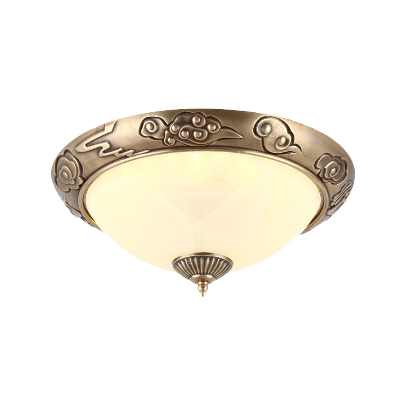 LED Flush Mount Light Fixture Colonialism Dome Shade Opal Glass Ceiling Lighting in Brass for Bedroom, 12