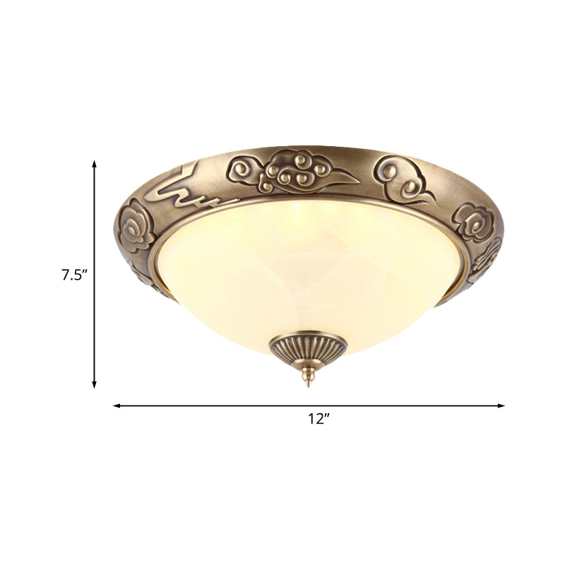 LED Flush Mount Light Fixture Colonialism Dome Shade Opal Glass Ceiling Lighting in Brass for Bedroom, 12