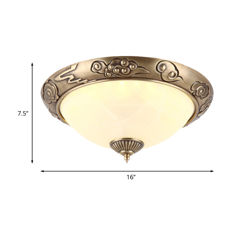 LED Flush Mount Light Fixture Colonialism Dome Shade Opal Glass Ceiling Lighting in Brass for Bedroom, 12