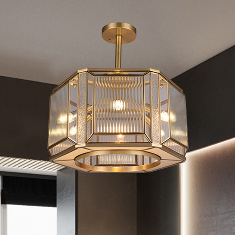 6-Head Hexagon Semi Mount Lighting Colonialism Gold Clear Prismatic Glass Flush Light Gold Clearhalo 'Ceiling Lights' 'Close To Ceiling Lights' 'Close to ceiling' 'Semi-flushmount' Lighting' 1454214