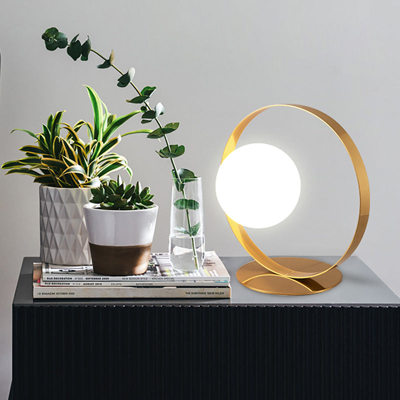 Gold Ring Table Lamp Postmodern 1 Bulb Iron Nightstand Light with Ball Opaline Glass Shade Gold Clearhalo 'Lamps' 'Table Lamps' Lighting' 1454283