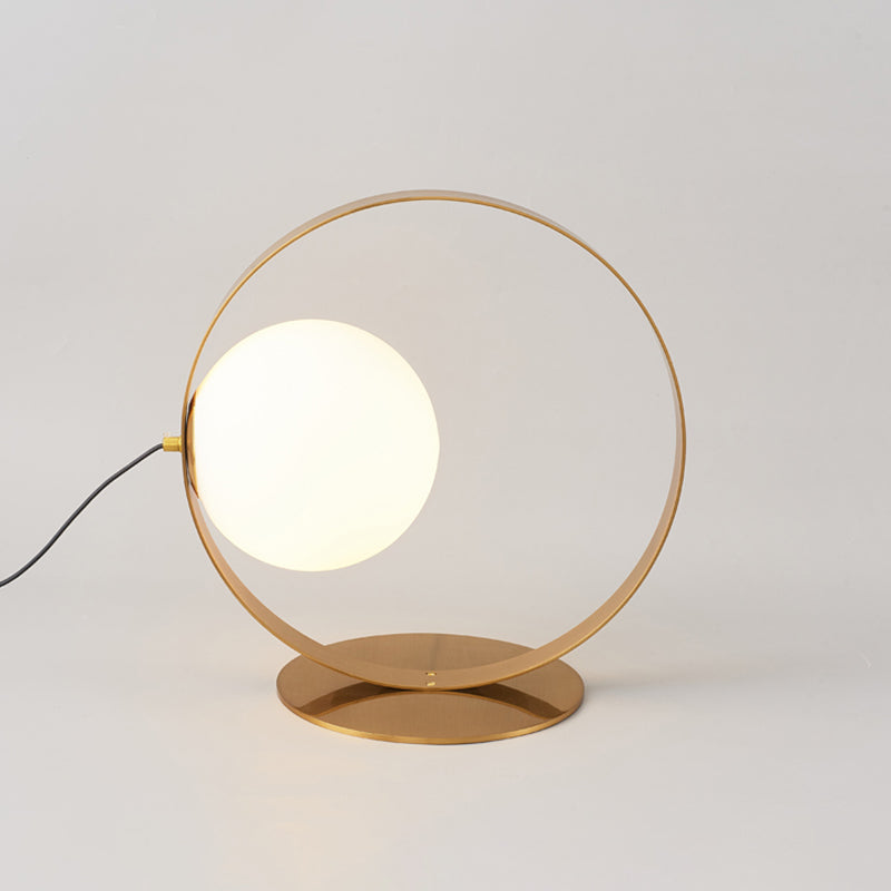 Gold Ring Table Lamp Postmodern 1 Bulb Iron Nightstand Light with Ball Opaline Glass Shade Clearhalo 'Lamps' 'Table Lamps' Lighting' 1454286