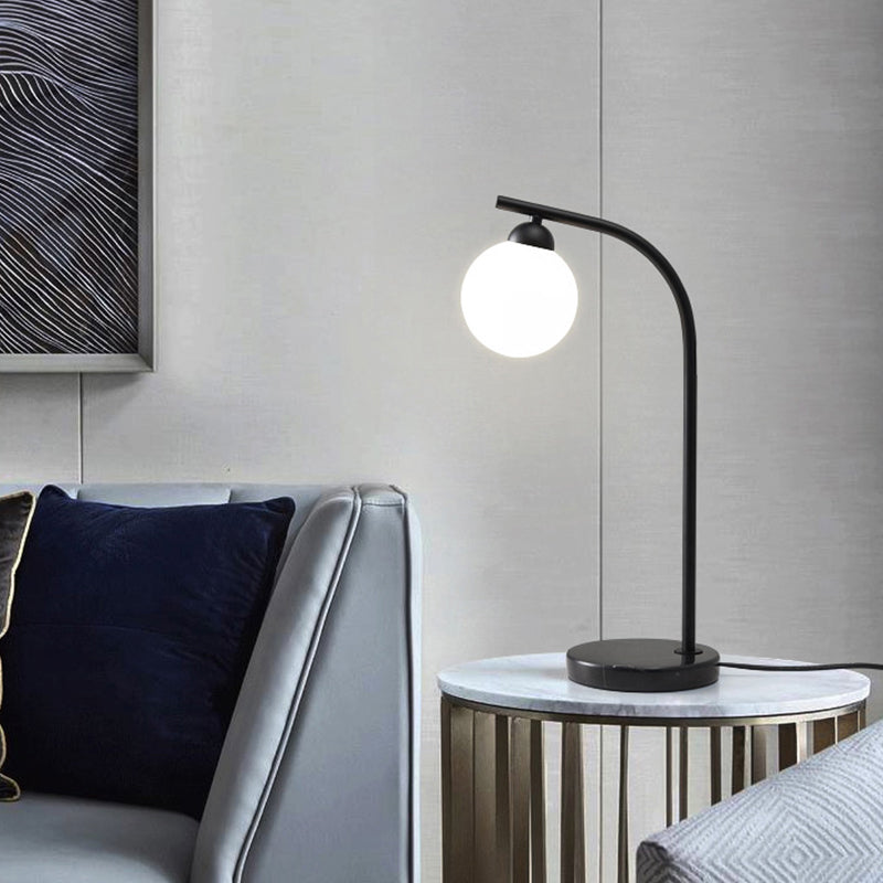 Minimalist Ball Shade Table Light Ivory Glass 1 Head Bedside Night Lam with Black/Gold Bended Stand Black Clearhalo 'Lamps' 'Table Lamps' Lighting' 1454294
