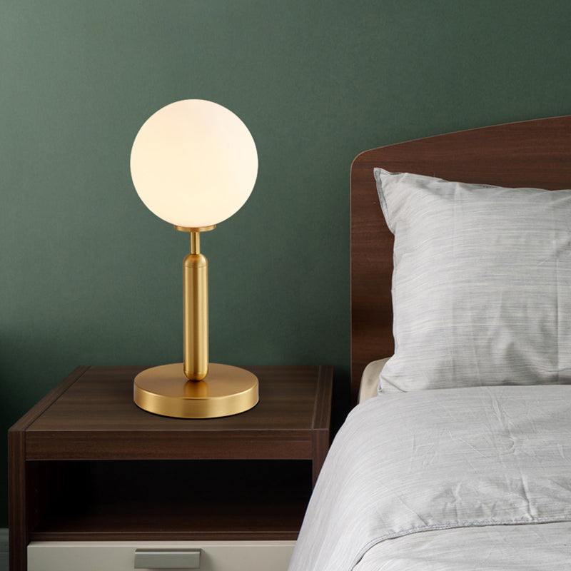 Straight Nightstand Light Postmodern Metal 1 Bulb Brass Table Lamp with Ball White Glass Shade Clearhalo 'Lamps' 'Table Lamps' Lighting' 1454299