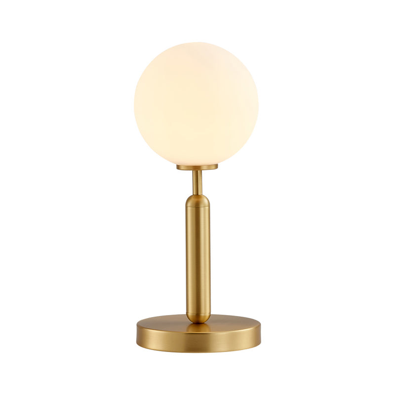 Straight Nightstand Light Postmodern Metal 1 Bulb Brass Table Lamp with Ball White Glass Shade Clearhalo 'Lamps' 'Table Lamps' Lighting' 1454300