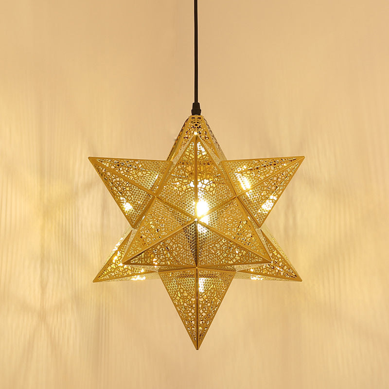 Cutout Star Restaurant Pendant Light Colonial Stainless Steel 1-Bulb Gold Suspension Lighting, 14