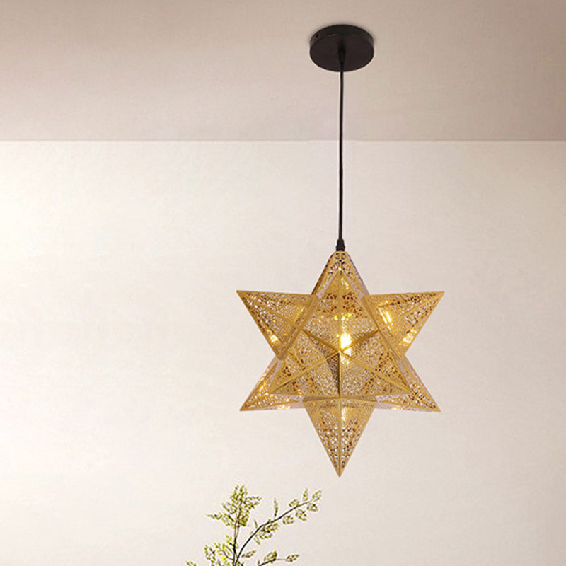 Cutout Star Restaurant Pendant Light Colonial Stainless Steel 1-Bulb Gold Suspension Lighting, 14