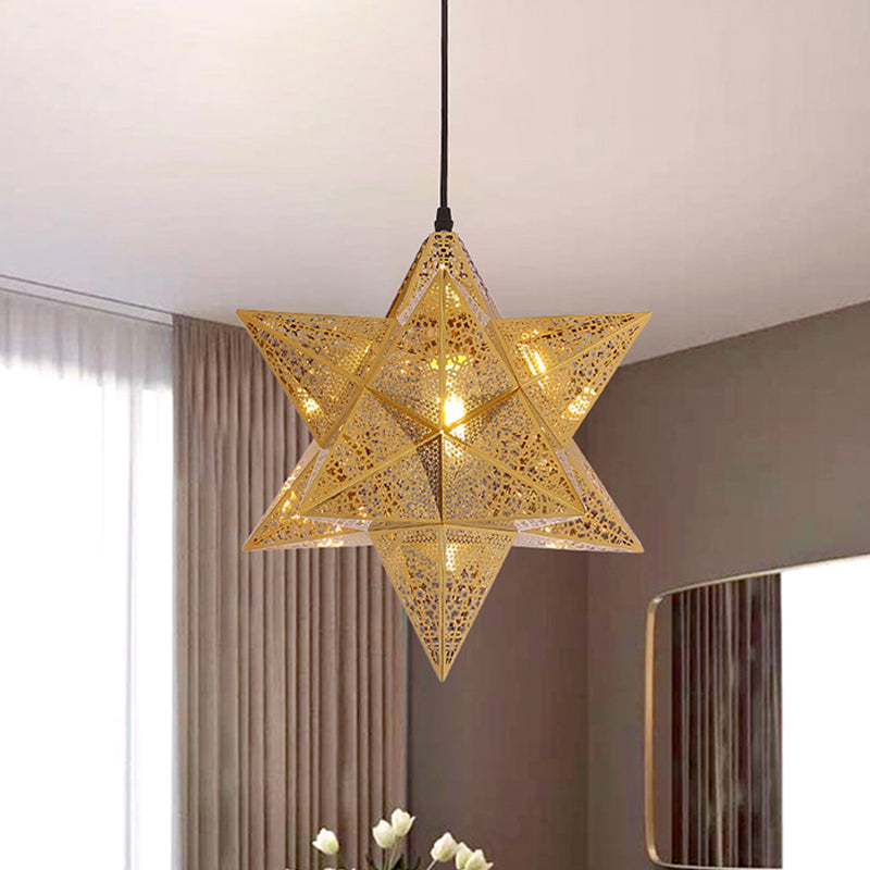 Cutout Star Restaurant Pendant Light Colonial Stainless Steel 1-Bulb Gold Suspension Lighting, 14