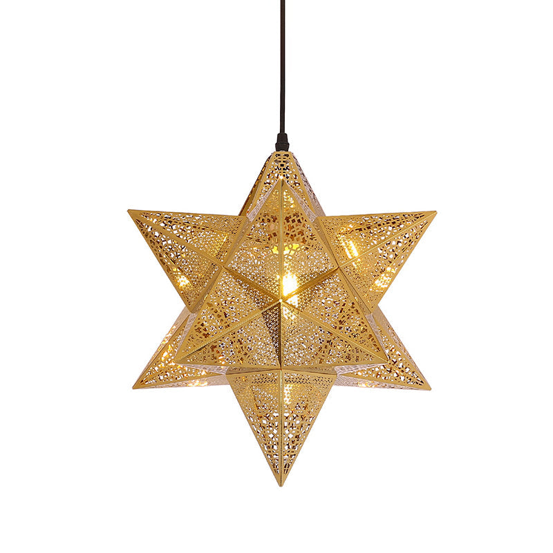 Cutout Star Restaurant Pendant Light Colonial Stainless Steel 1-Bulb Gold Suspension Lighting, 14