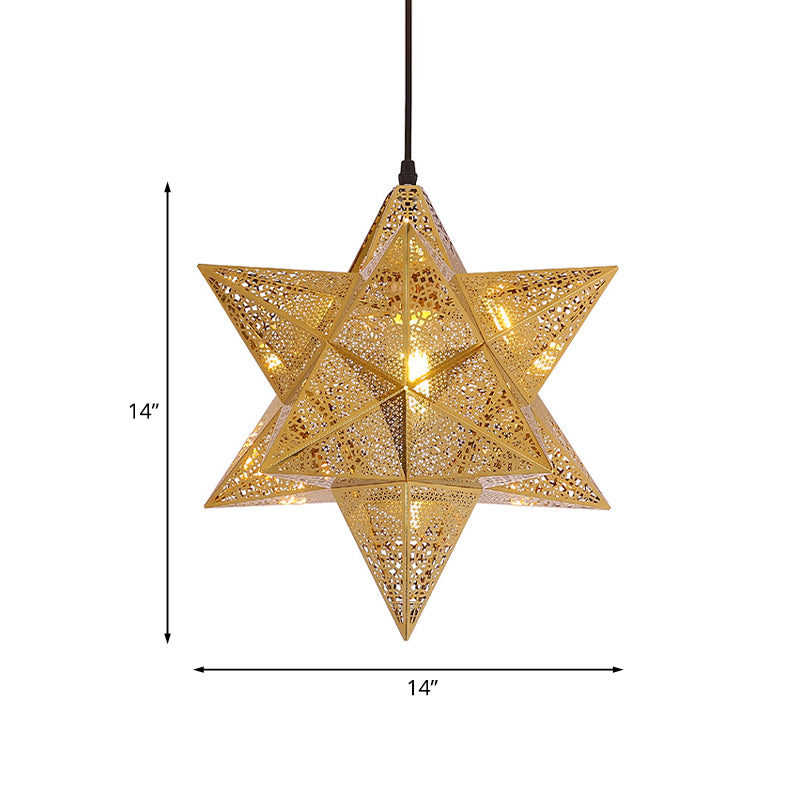 Cutout Star Restaurant Pendant Light Colonial Stainless Steel 1-Bulb Gold Suspension Lighting, 14