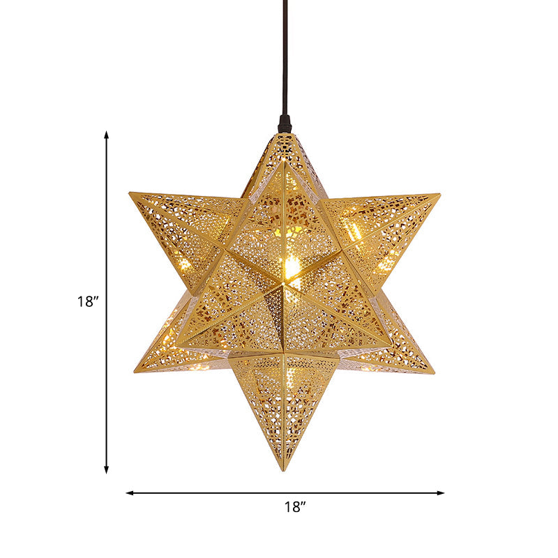 Cutout Star Restaurant Pendant Light Colonial Stainless Steel 1-Bulb Gold Suspension Lighting, 14